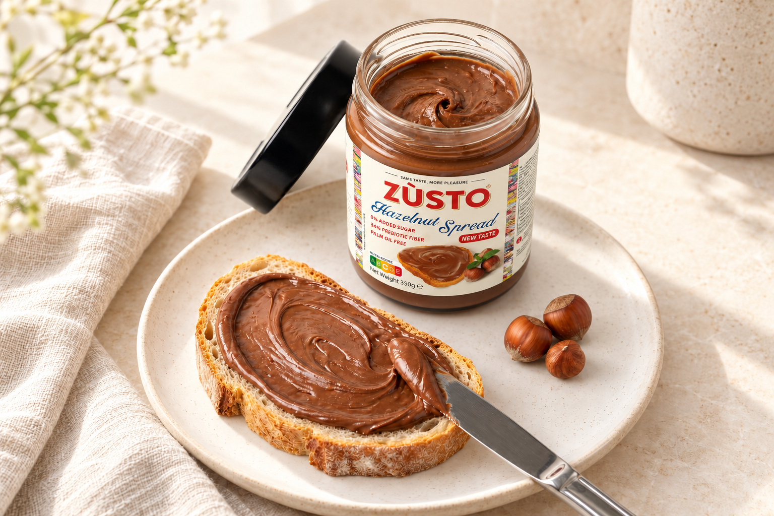 Zùsto hazelnut spread on a slice of bread, jar beside it