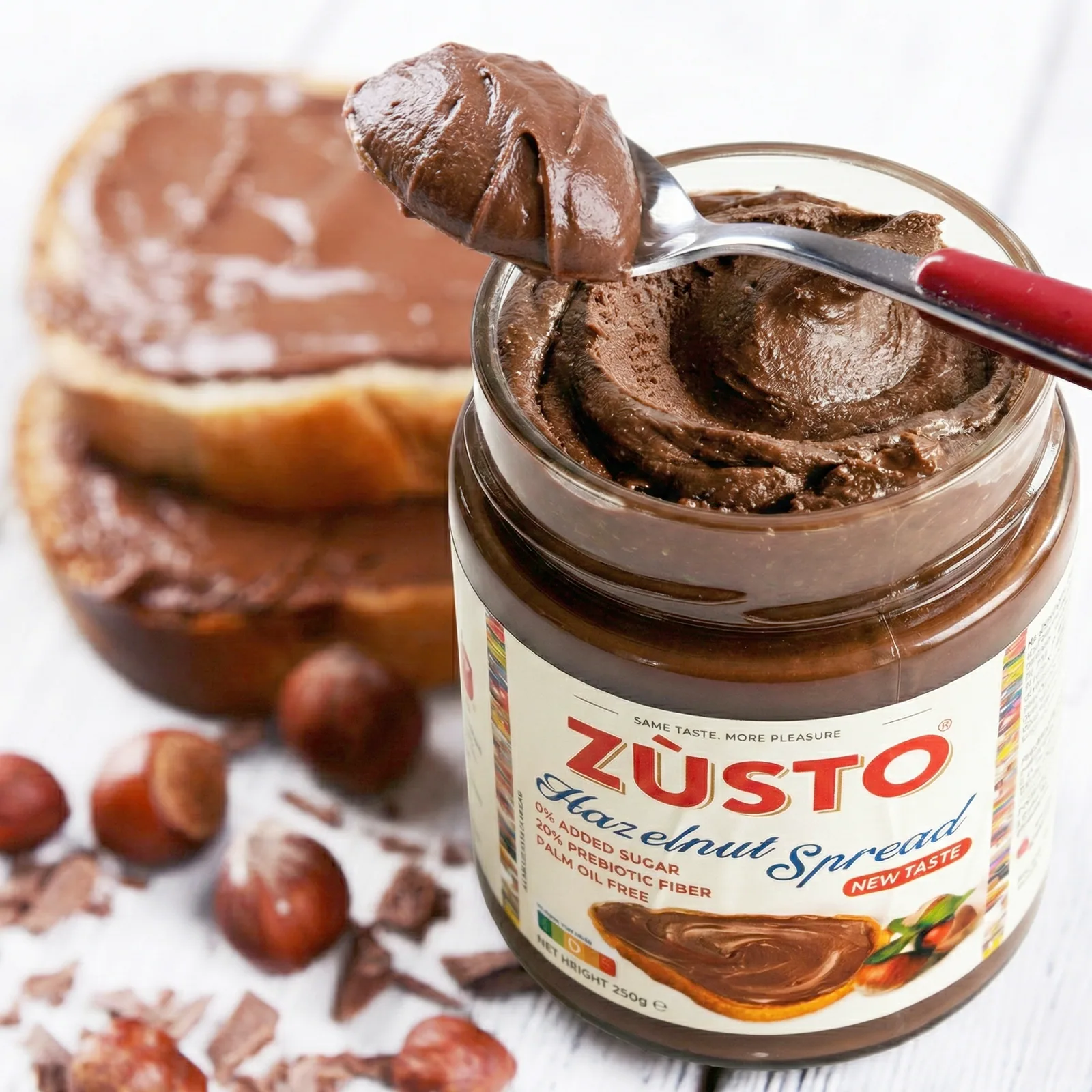 Zusto hazelnut spread jar with bread - fiber-first hazelnut spread without palm oil