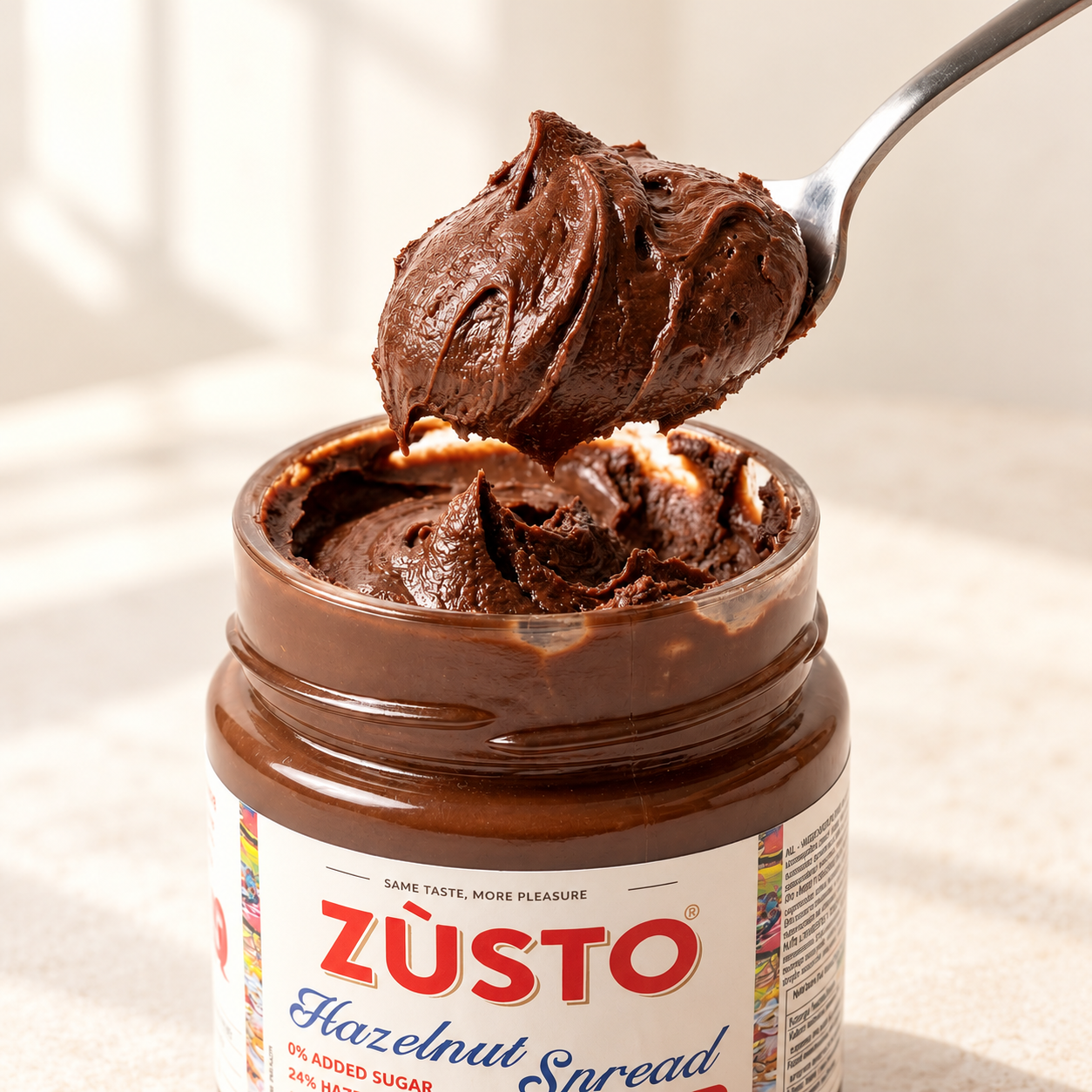A spoonful of Zùsto hazelnut spread lifted from the jar