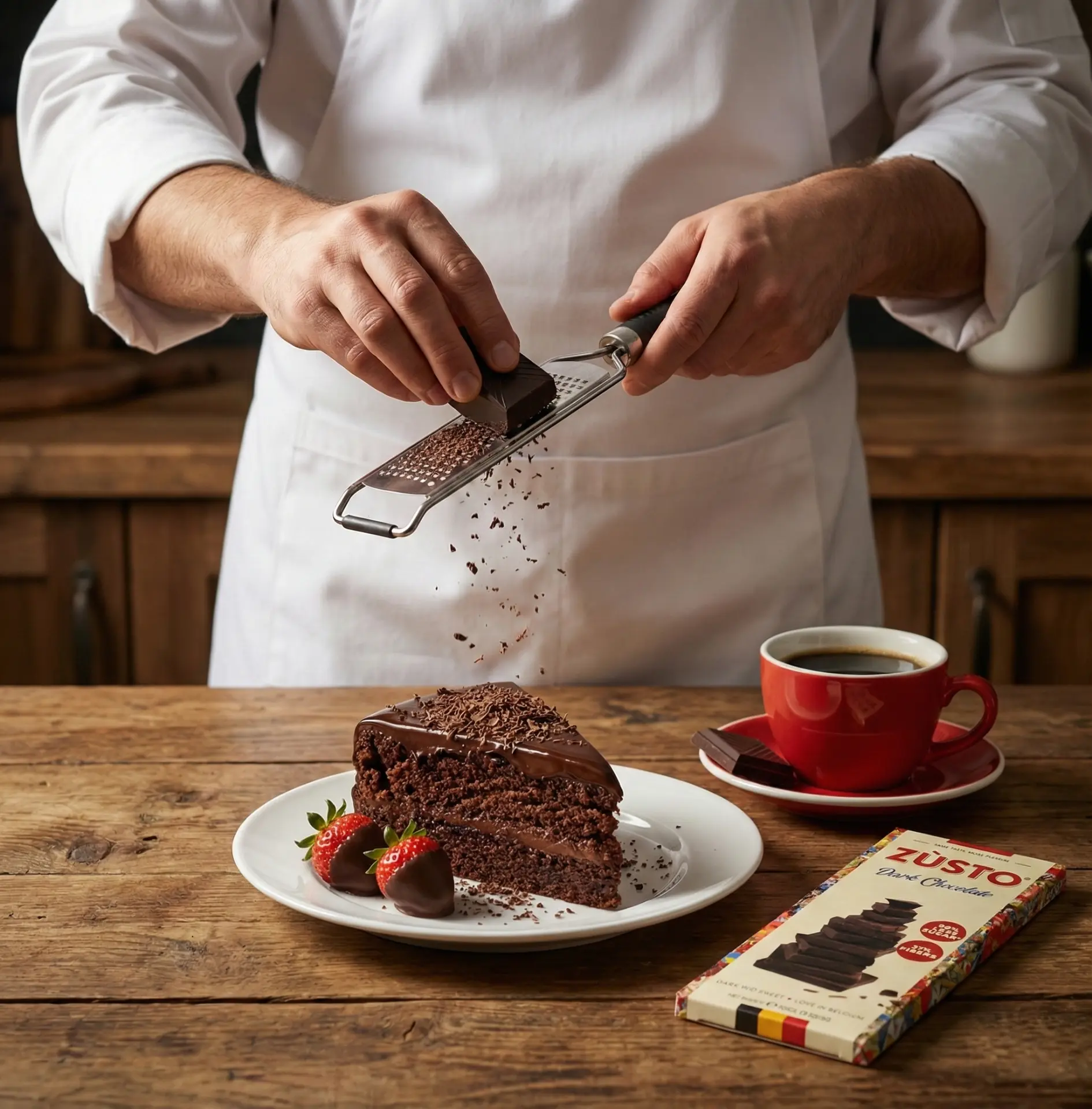 A chef finishing a chocolate cake made with Zùsto