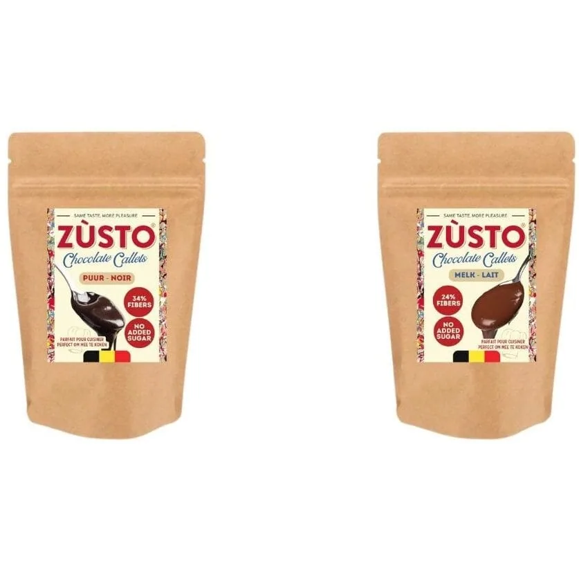 Zùsto Chocolade callets dark & milk chocolate packings