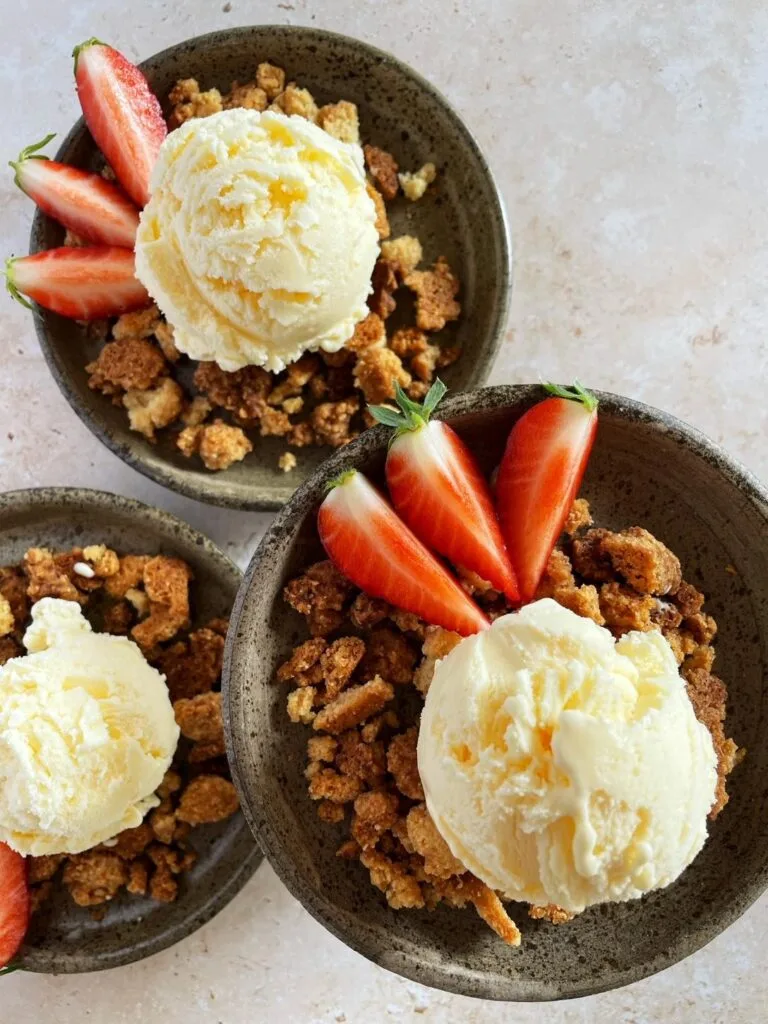 Cottage cheese ice cream, almond and lemon crumble
