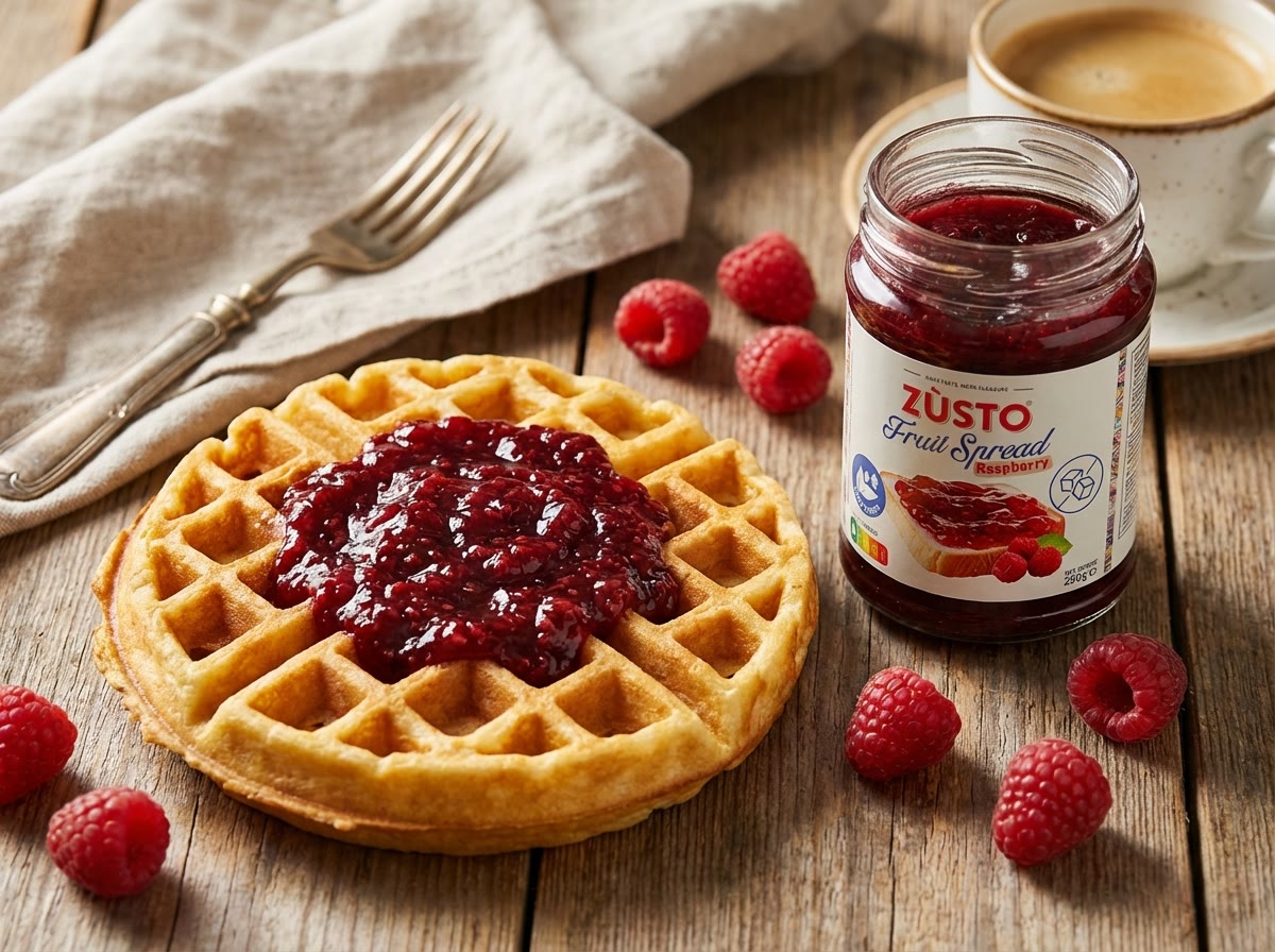 A Belgian waffle spooned thick with Zùsto fruit spread, coffee alongside